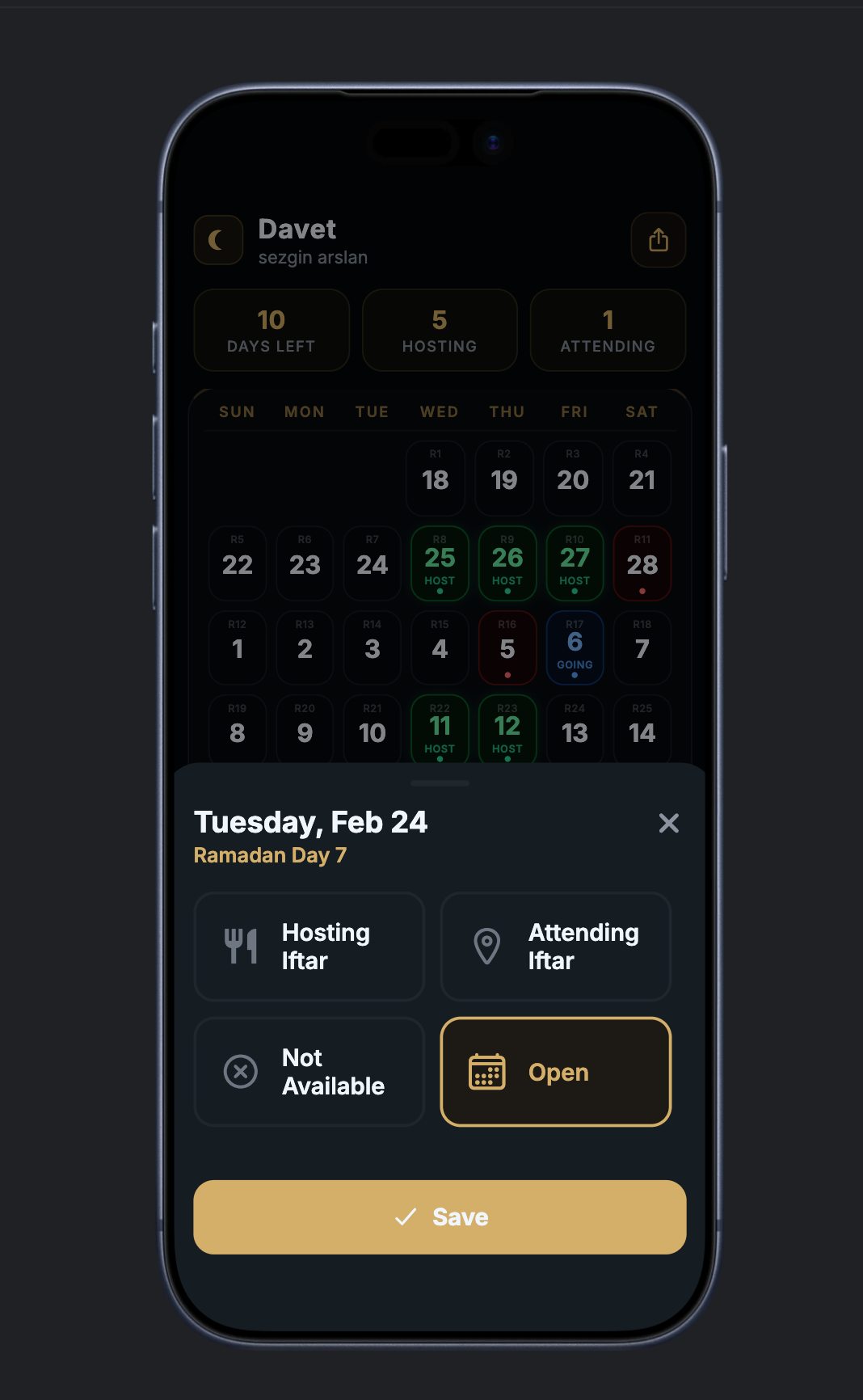 Davet app day detail view for hosting or attending iftar