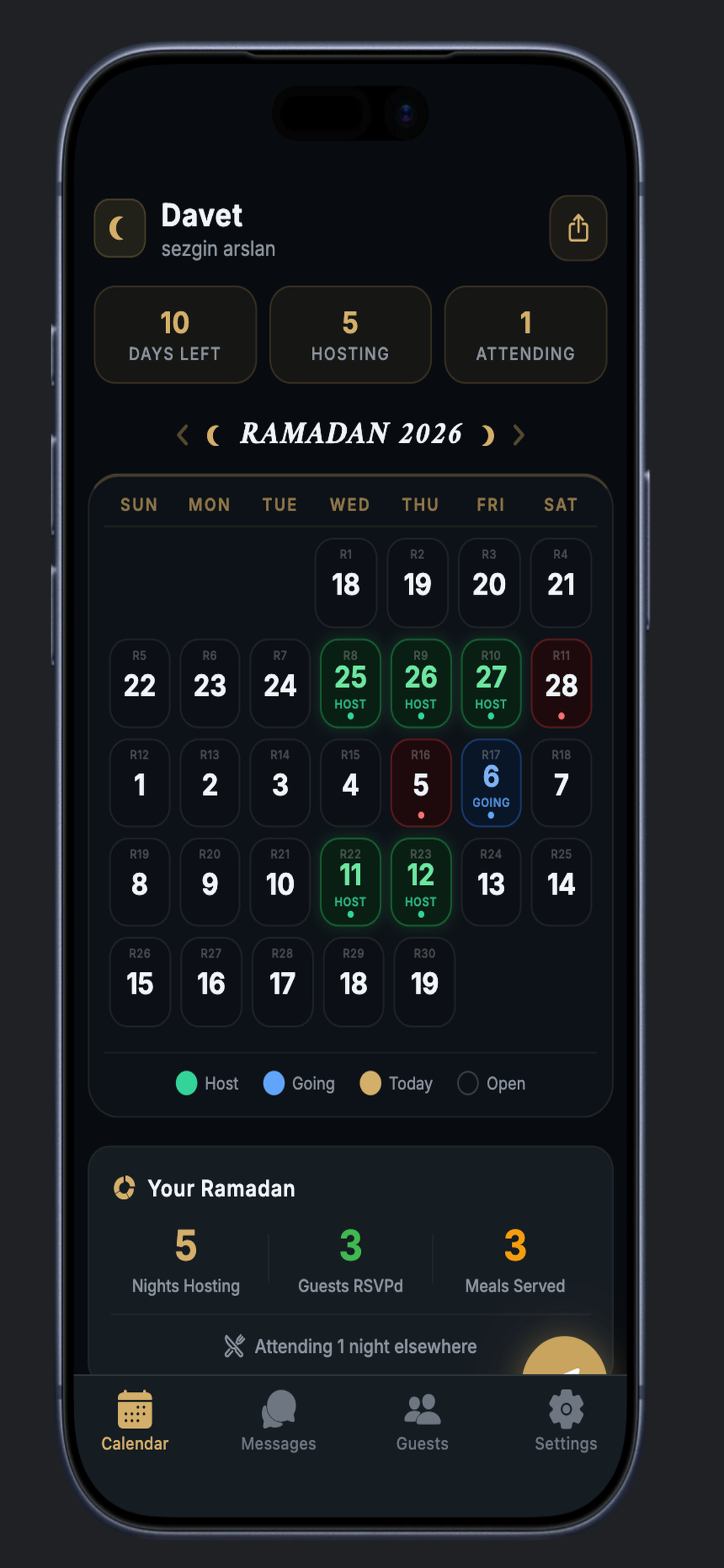 Full Ramadan calendar with hosting stats and day legend