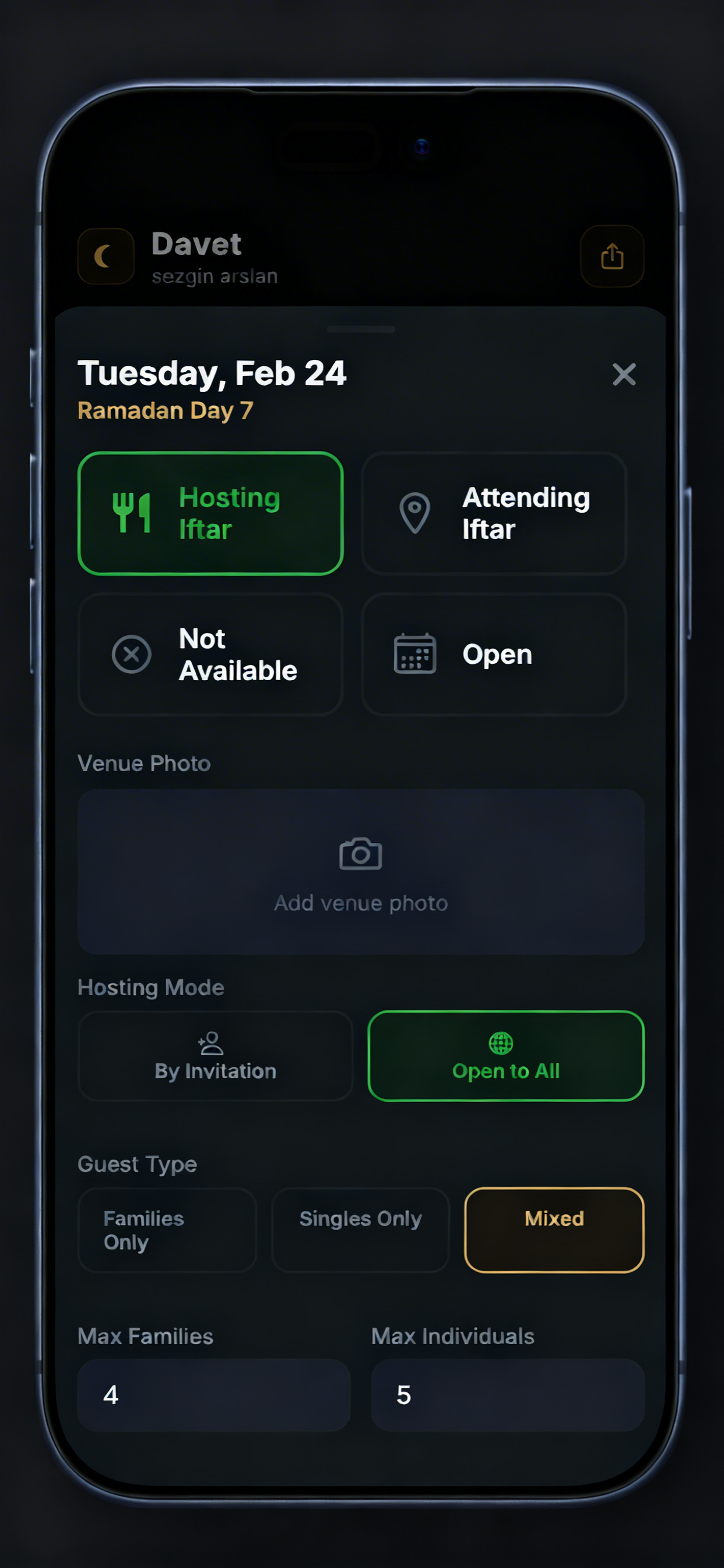Hosting an iftar - set venue photo, hosting mode, guest type, and capacity